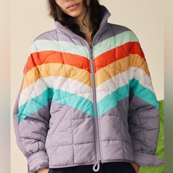 Free People Jackets & Blazers - Free People Pippa striped Packable PufferJacket Steel Peach Combo